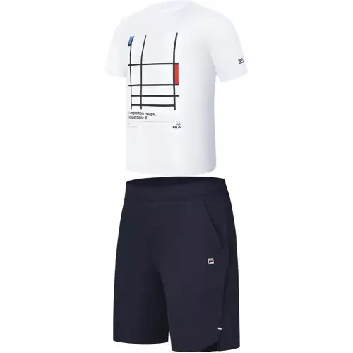 FILA Casual Sportswear Men's Clothing Set Jade White Top+Royal Blue Shorts Crew Neck Moderate