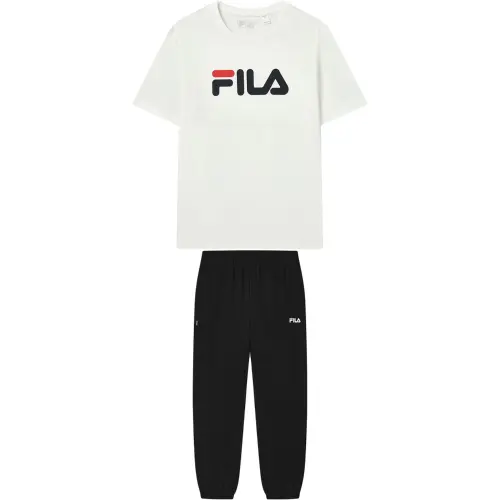 FILA Casual Sportswear Unisex Set Snow Short Sleeved Shirt+Jet Black Pants Crew Neck Moderate