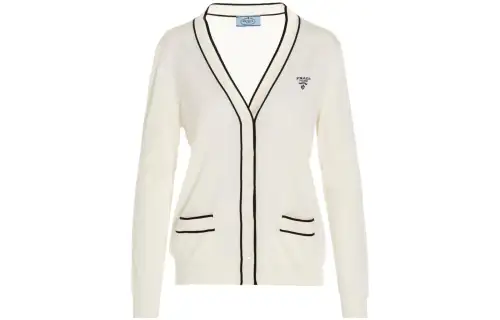 PRADA Knitwear Women's White V Neck Moderate Cardigan