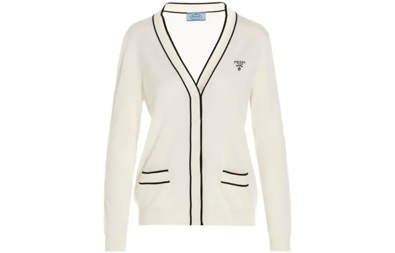 PRADA Knitwear Women's White V Neck Moderate Cardigan