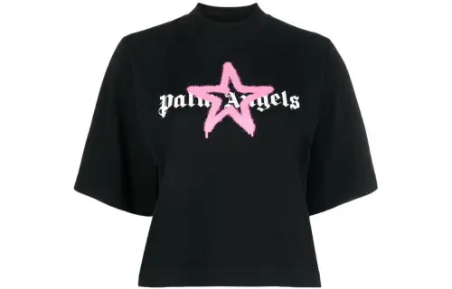 PALM ANGELS Women's Star Sprayed Cropped T Shirt Black/Pink/White
