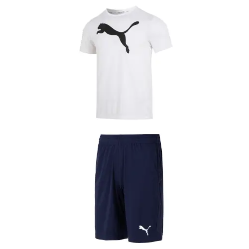 PUMA Casual Sportswear Men's Clothing Set White Top+Blue Shorts Crew Neck Moderate