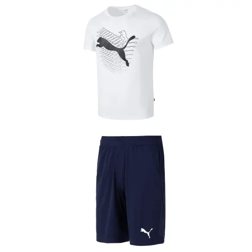 PUMA Casual Sportswear Men's White T Shirt+Blue Shorts Crew Neck Moderate