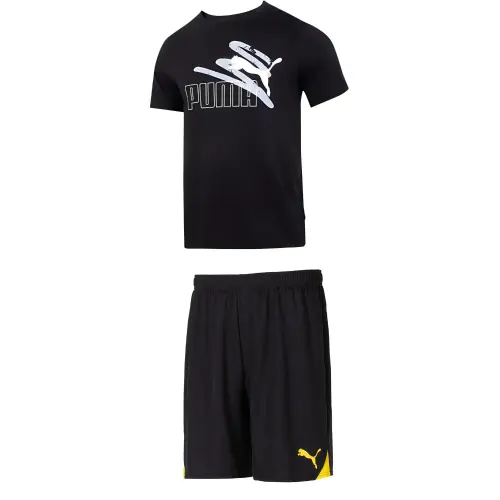 PUMA Casual Sportswear Men's Set Black Short Sleeved Shirt+Black Yellow Shorts Crew Neck Moderate