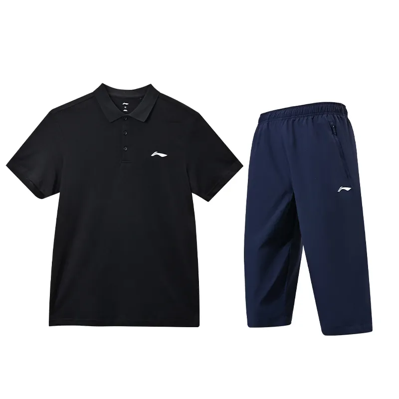 Li Ning Casual Sportswear Men's Standard Black+Ink Blue Polo Collar Moderate