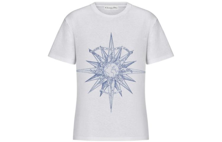 DIOR FW22 Geometric Pattern Print Crew Neck Pullover Short Sleeved T Shirt Women's White