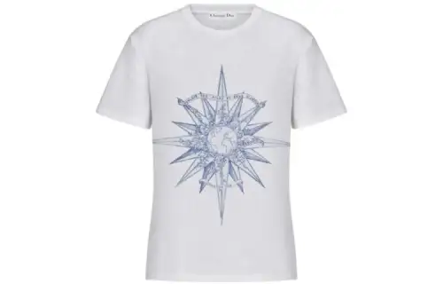 DIOR FW22 Geometric Pattern Print Crew Neck Pullover Short Sleeved T Shirt Women's White