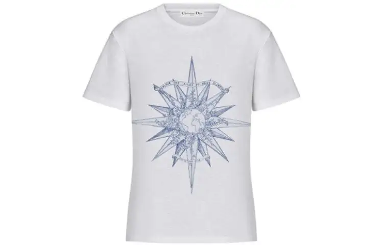 DIOR FW22 Geometric Pattern Print Crew Neck Pullover Short Sleeved T Shirt Women's White