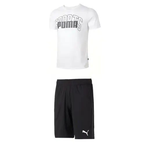 PUMA Casual Sportswear Men's Set White Top+Black Shorts Crew Neck Moderate
