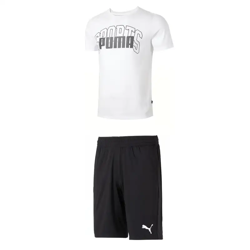 PUMA Casual Sportswear Men's Set White Top+Black Shorts Crew Neck Moderate