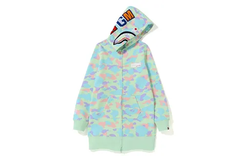 BAPE Shark Series PASTEL MULTI CAMO SHARK FULL ZIP ONEPIECE Light green camouflage women's long zipper shark sweatshirt jacket for women