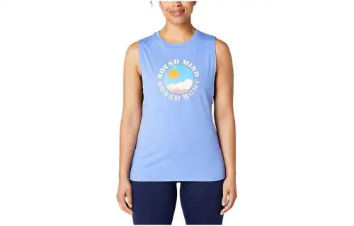 Asics Sun In The Sky Slogan Muscle Tee T Shirt Women's Blue