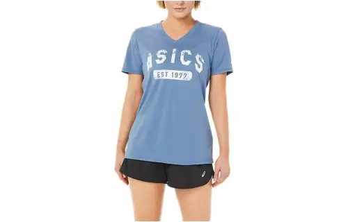 Asics Short Sleeve Est 1977 V Neck Tee T Shirt Women's Blue