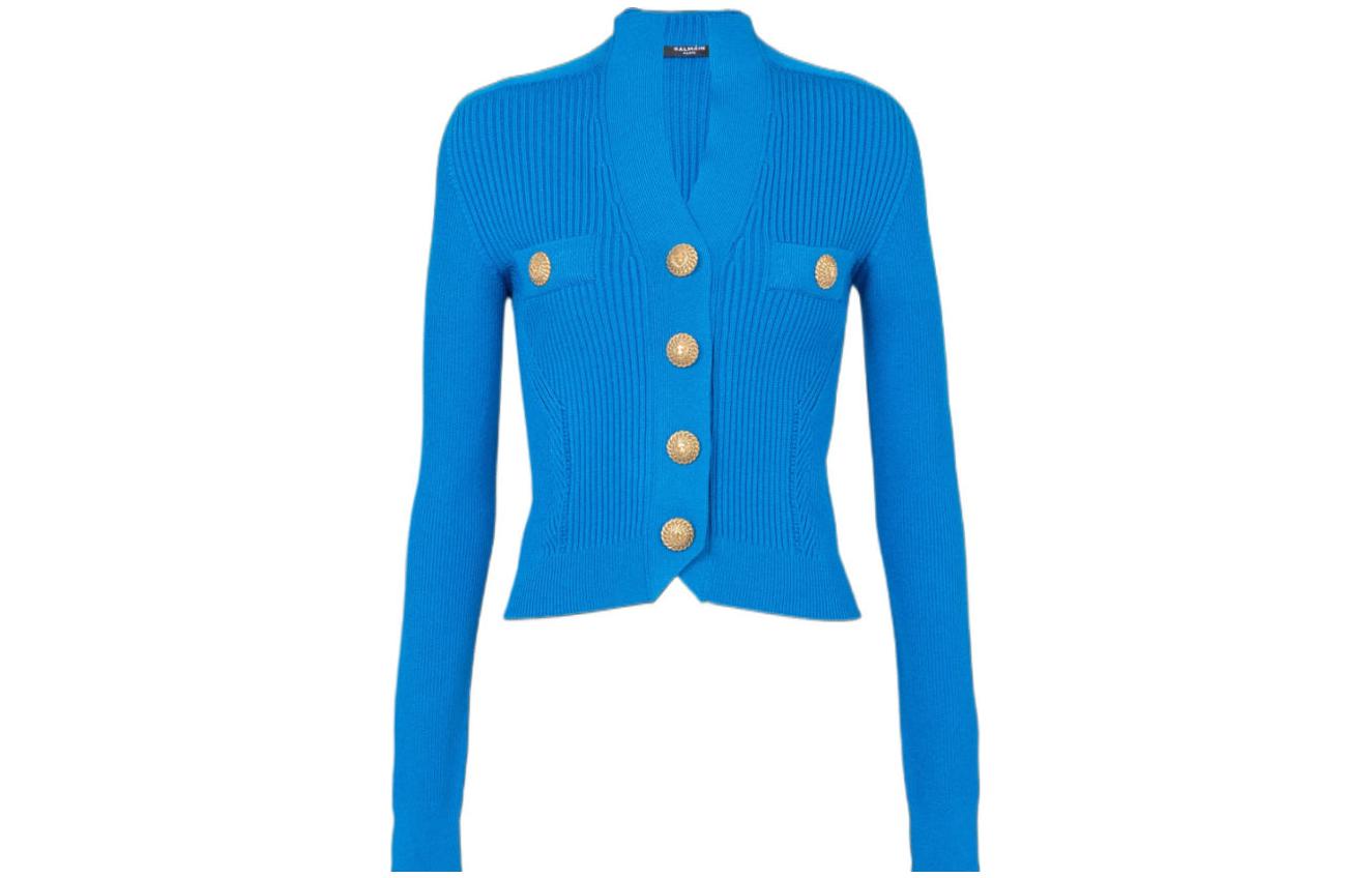 BALMAIN Balmain FW23 solid color slim fit V-neck single-breasted long-sleeved sweater women's blue