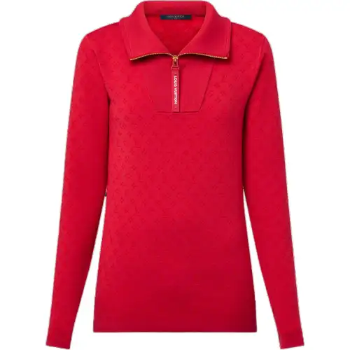 LOUIS VUITTON Monogram Jacquard Ribbed Collar Pullover Knitwear Women's Red