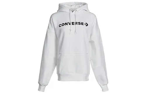 Converse, Solid Color Classic Logo Athleisure Fleece Lined Hooded Pullover Sweatshirt Women's White