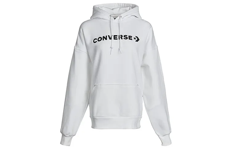 Converse, Solid Color Classic Logo Athleisure Fleece Lined Hooded Pullover Sweatshirt Women's White