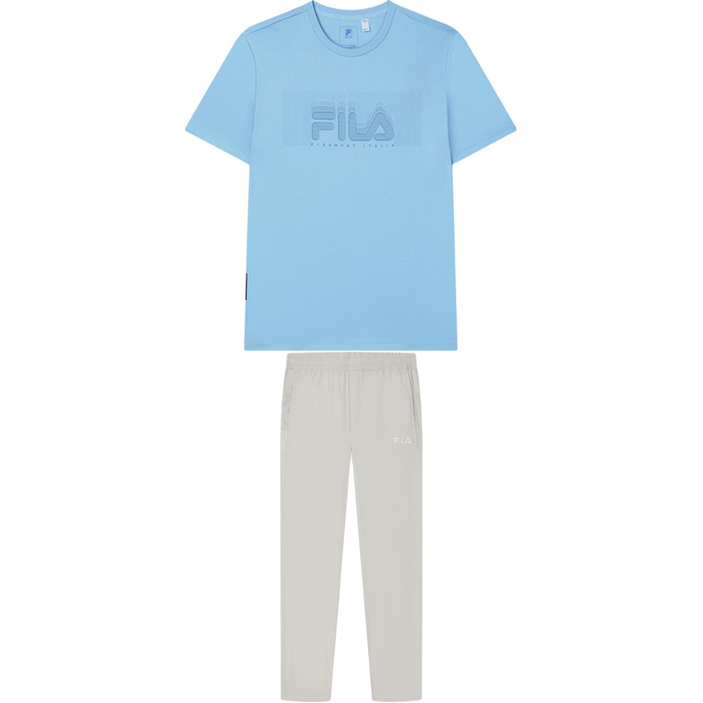 FILA Casual Sportswear Men's Clothing Set Blue Short Sleeved Shirt+Light Khaki Pants Crew Neck Moderate