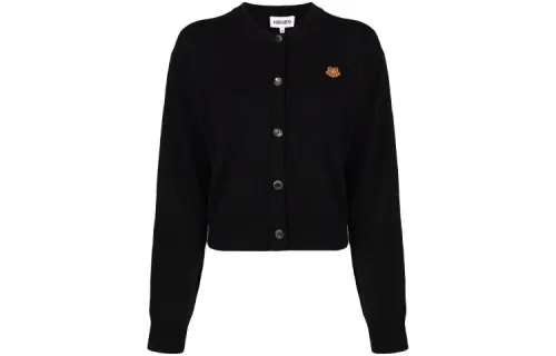KENZO Classic Tiger Head Knitwear Women's Black Crew Neck Moderate Cardigan