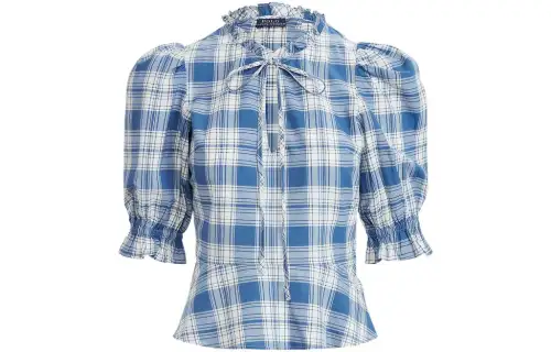 Polo Ralph Lauren SS22 Plaid Ruffle Cotton Short Sleeve is Women's Blue