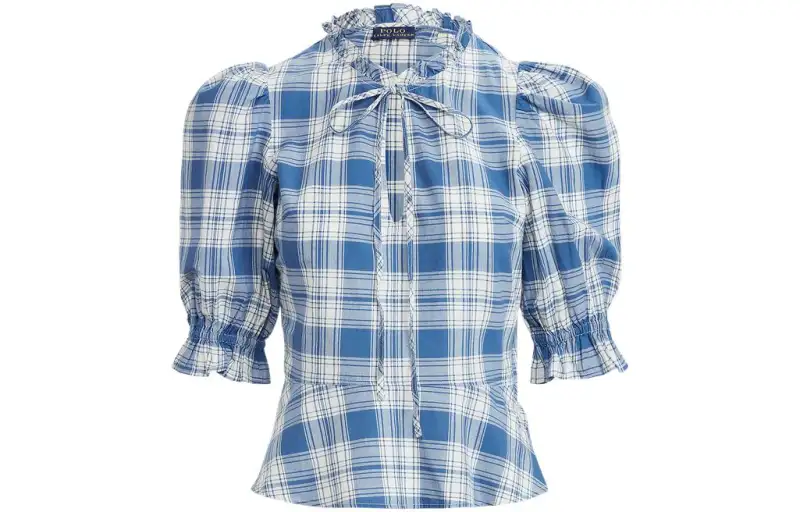 Polo Ralph Lauren SS22 Plaid Ruffle Cotton Short Sleeve is Women's Blue
