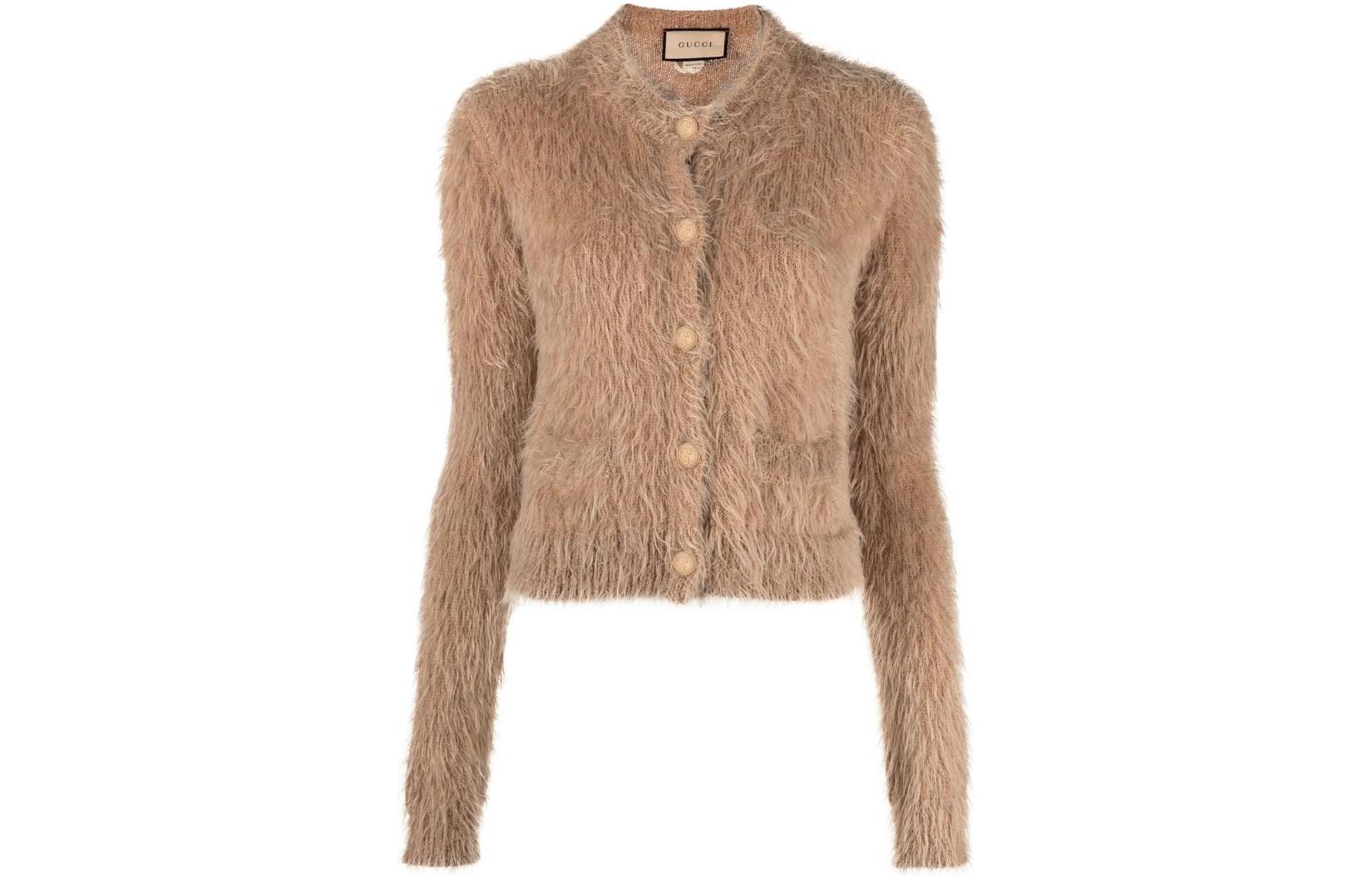 GUCCI Knitwear Women's Brown Crew Neck Thickened Cardigan