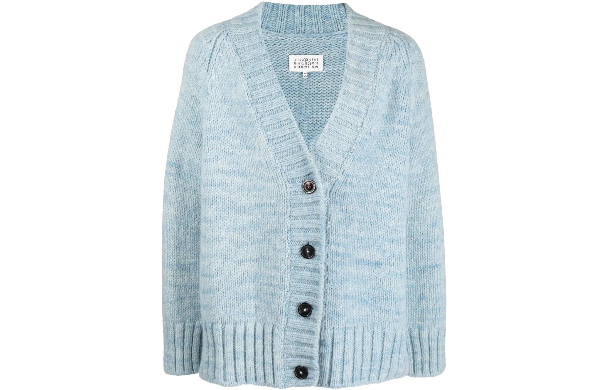 Maison Margiela Mason Margiela FW22 solid color V-neck single-breasted oversized cardigan sweater for women, light blue