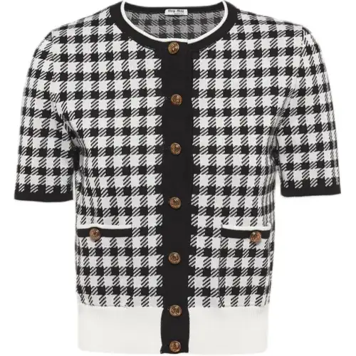 MIU MIU Miu Miu SS22 plaid single-breasted short-sleeved sweater for women, black