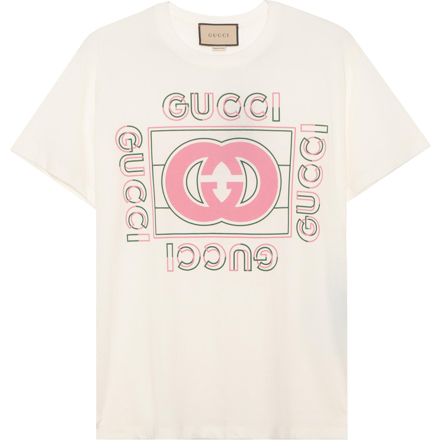 GUCCI Women's Oversized Vintage Logo Print T Shirt Off White/Pink/Green
