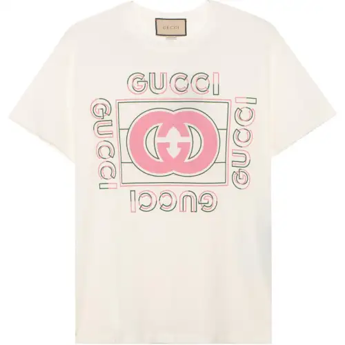 GUCCI Women's Oversized Vintage Logo Print T Shirt Off White/Pink/Green