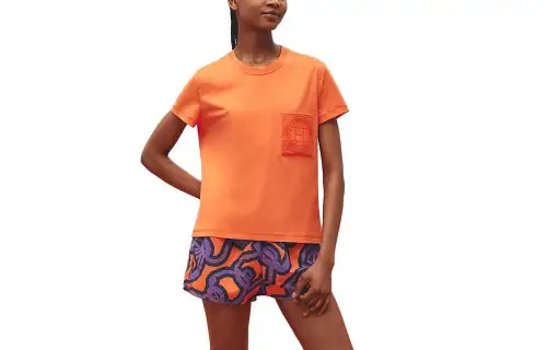 HERMES T Shirts Women's Orange Crew Neck Moderate Straight Fit