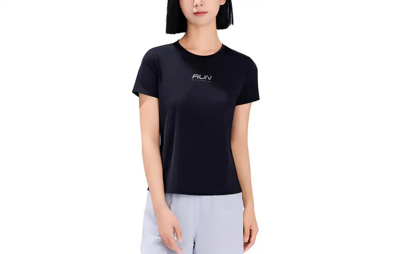 ANTA Running Collection Running T Shirts Women's Black Crew Neck Moderate Straight Fit
