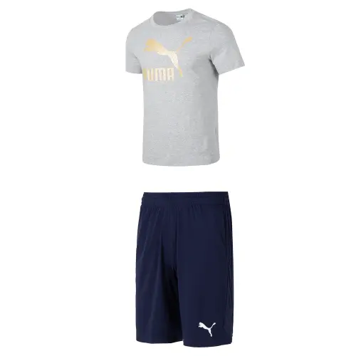 PUMA Casual Sportswear Men's Clothing Set Gray Short Sleeved Shirt+Blue Shorts Crew Neck Moderate