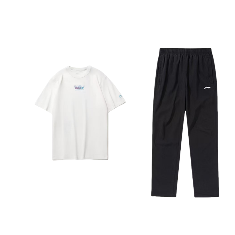 Li Ning Casual Sportswear Men’s Clothing Set White T Shirt+Black Pants Crew Neck Moderate