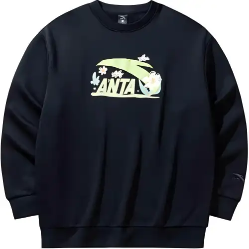 Anta Life Collection Letter Loose Fit Crew Neck Pullover Fleece Lined Casual Sweatshirt Women's Basic Black