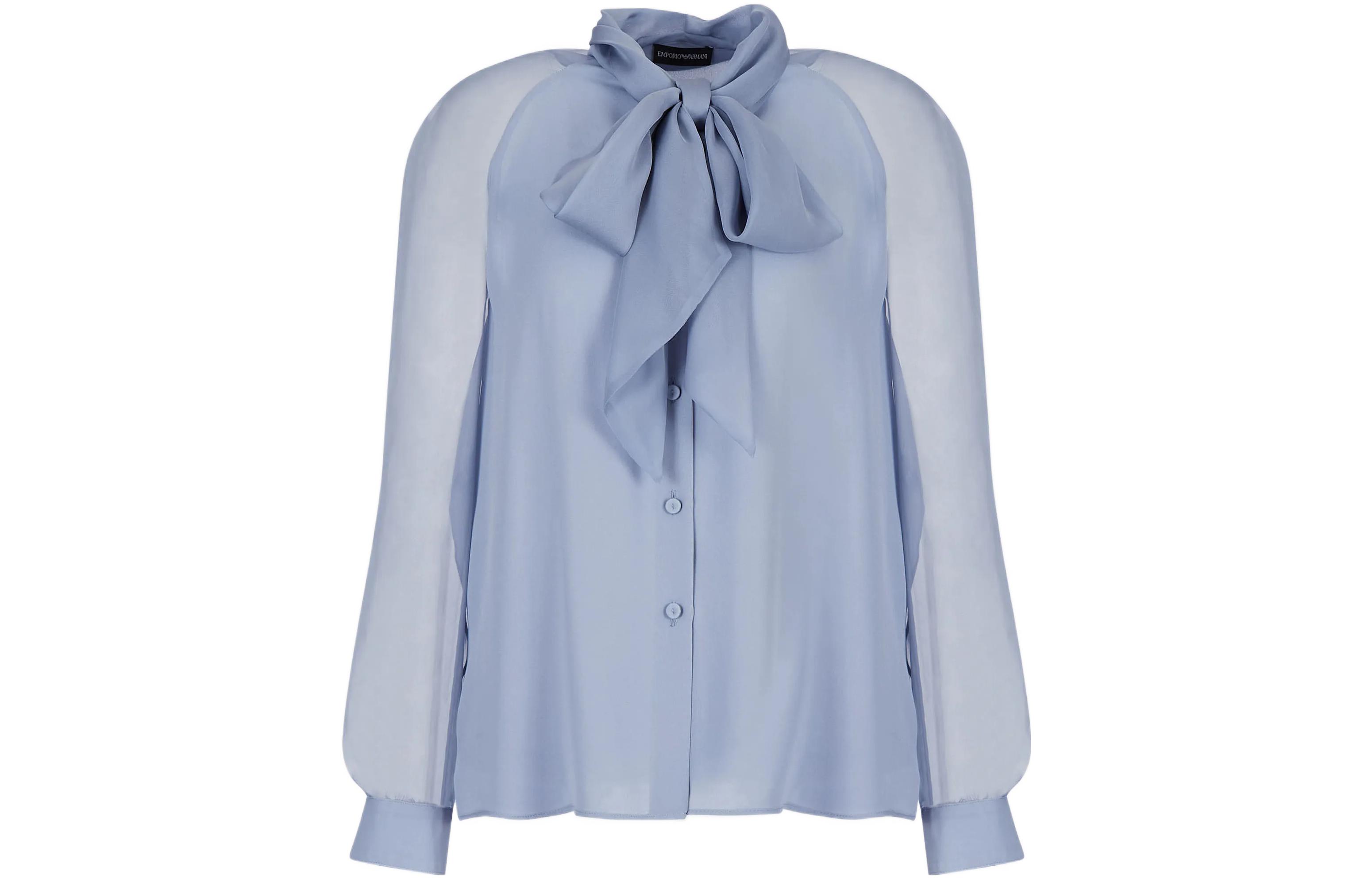 Armani/EMPORIO ARMANI FW22 double silk Josette scarf collar long-sleeved shirt women's blue