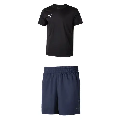 PUMA Casual Sportswear Men's Clothing Set Black Top+Blue Shorts Crew Neck Moderate