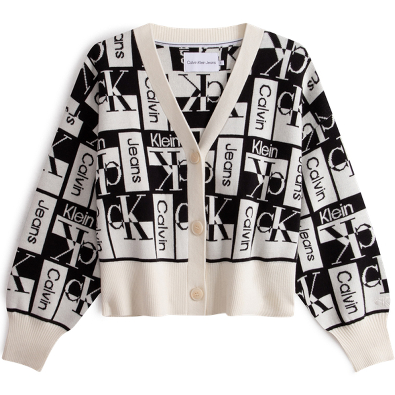 CALVIN KLEIN Jeans simple letter jacquard button V-neck sweater for women, black and white color matching