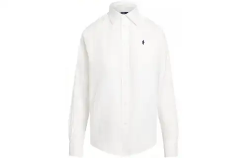 Polo Ralph Lauren SS23 pony embroidered solid color breathable linen point collar long sleeve barrel cuff button placket shirt mixed hair women white