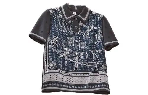 HERMES Polo Shirts Women's Blue Polo Collar Moderate Straight Fit