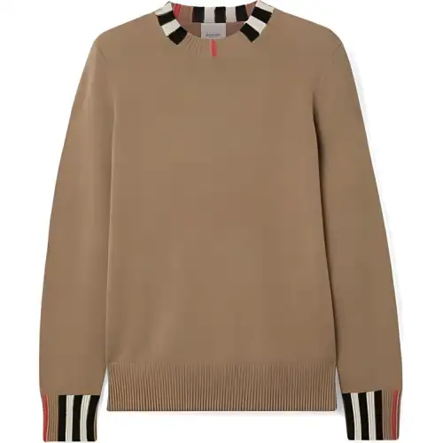 Burberry Icon Stripe Trim Cashmere Knit Sweatshirt Archive Beige