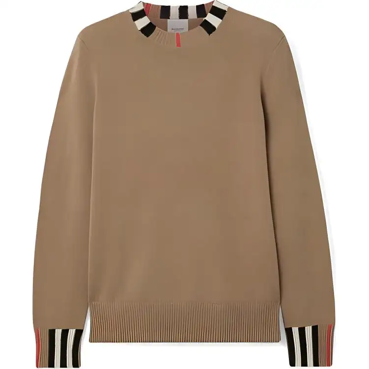Burberry Icon Stripe Trim Cashmere Knit Sweatshirt Archive Beige