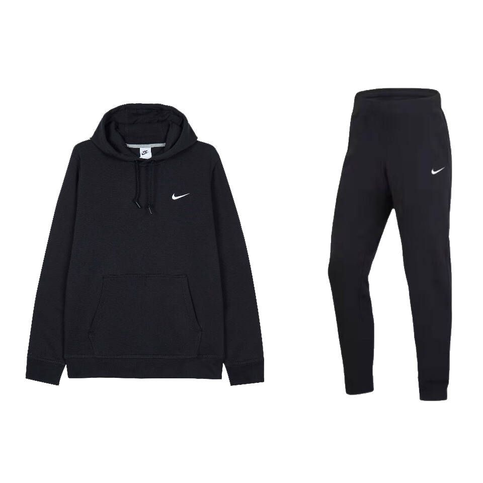 Nike Embroidery Hooded Pullover Top Solid Color Fleece Lined Comfortable Pants Casual Sportswear Men’s Black