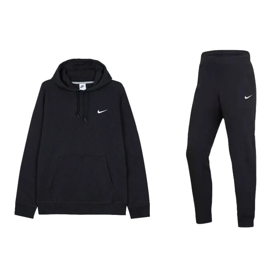 Nike Embroidery Hooded Pullover Top Solid Color Fleece Lined Comfortable Pants Casual Sportswear Men's Black