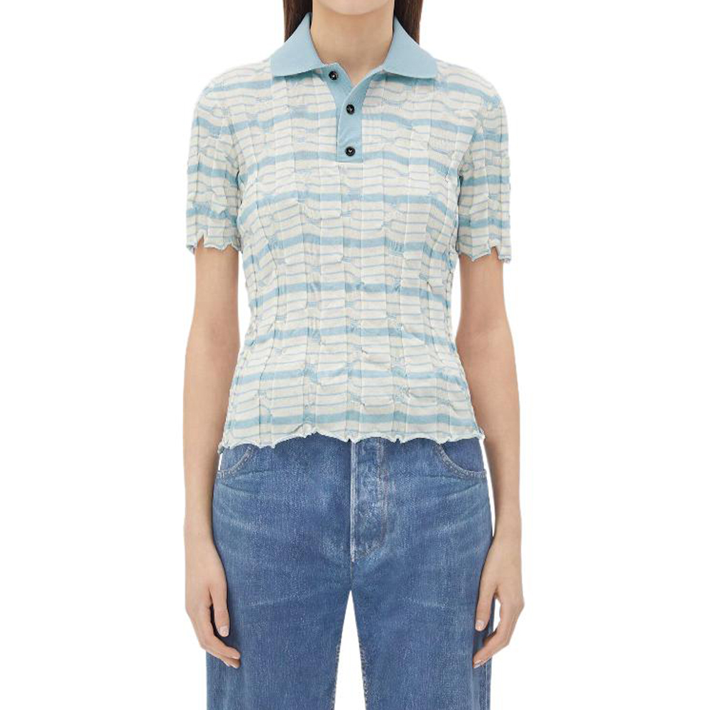 Bottega Veneta Distorted Stripe Cotton Polo Shirt Women's Light Blue