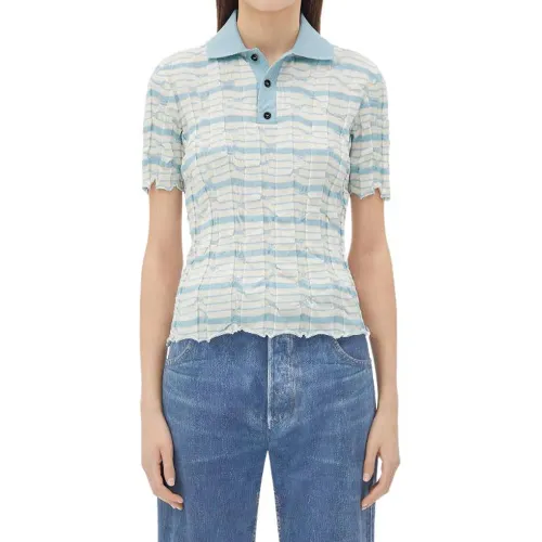 Bottega Veneta Distorted Stripe Cotton Polo Shirt Women's Light Blue