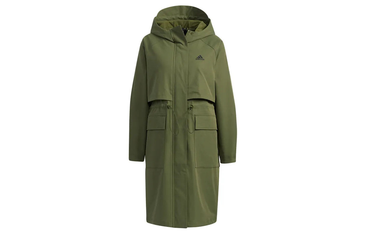 Adidas Tech Jkt Long Mid Length Casual Sports Fleece Lined Hooded Jacket Women's Army Green