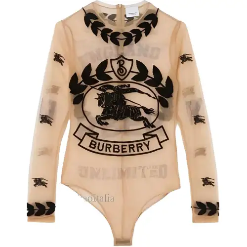 Burberry Embroidered Graphic Logo Mesh Bodysuit 'Camel'