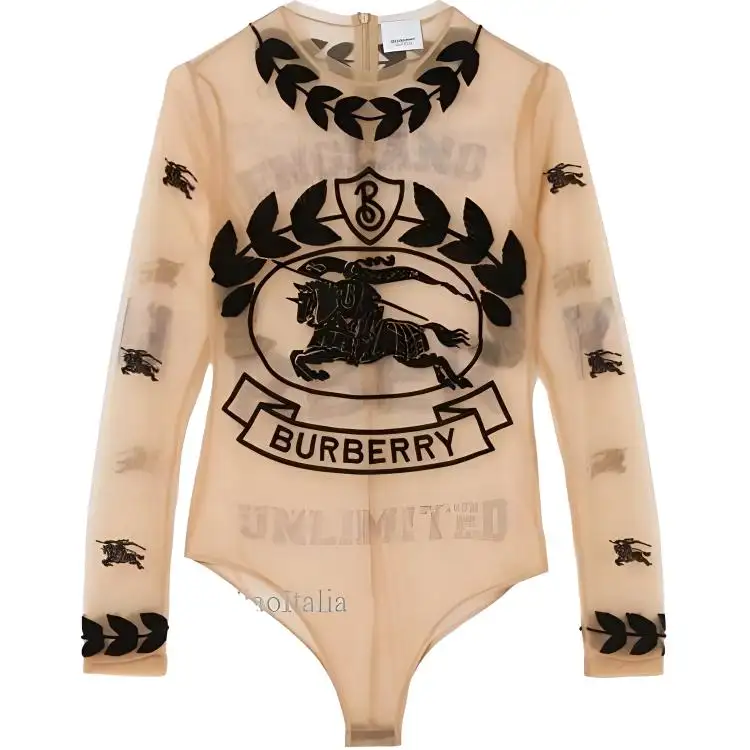 Burberry Embroidered Graphic Logo Mesh Bodysuit 'Camel'