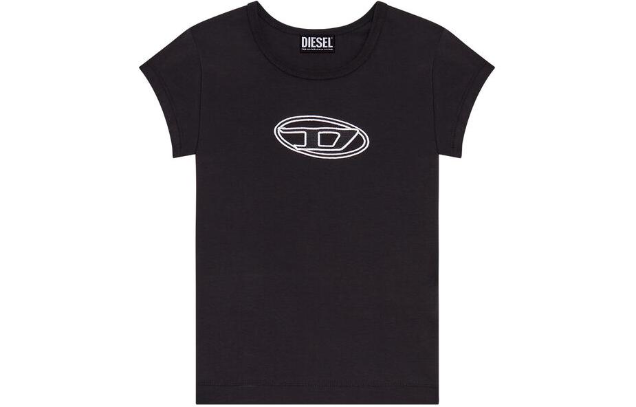 DIESEL Полый логотип Oval-D серии плафон круглый воротник короткий рукав Футболка женский черный
